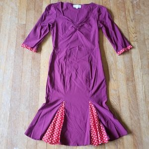 Maroon red belle poque repro vintage style pin-up kick-flare pleat hem dress S
